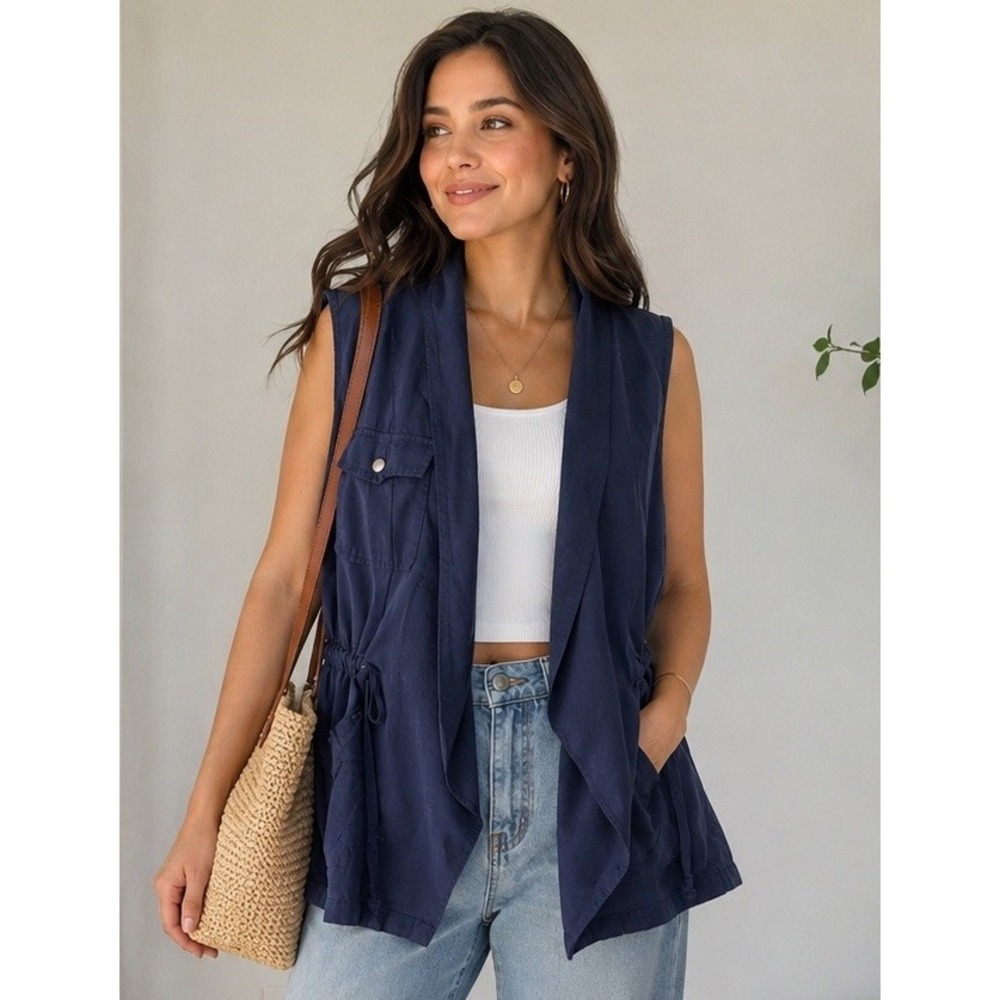 Torrid 1 Vest Womens Navy Blue Linen Rayon Draped M Layering Pockets Drawstring